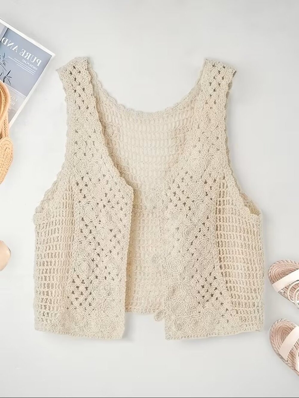 Unbranded Cream Cropped Crochet Knit‎ Vest V-Neck Boho Open NEW Sz S/M